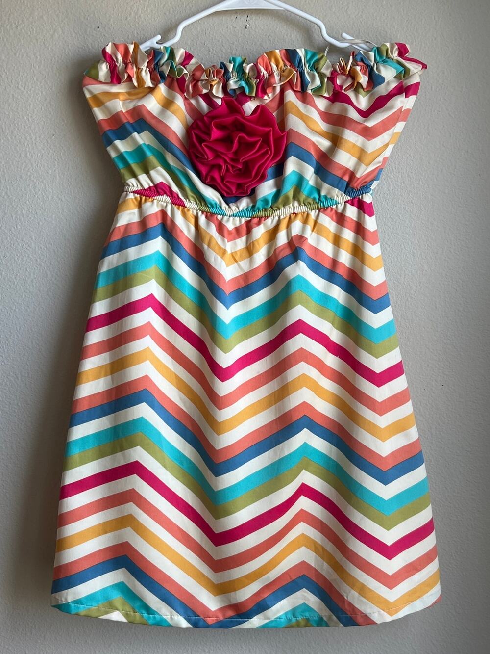 Judith March Rainbow Chevron Strapless Dress Fabric Rosette Accent Size Large